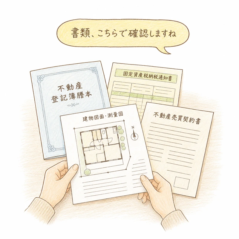 権利証や固定資産税納税通知書、図面、契約書などの書類が机の上に整理されて並んでいる様子。「書類、こちらで確認しますね」という吹き出し付きの挿絵。