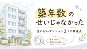 手描き色鉛筆タッチのイラスト。左に窓に鉢植えを飾った5階建て分譲マンションの外観、右上に黄色マーカーで縁取った「築年数のせいじゃなかった」の大見出しと「売れないマンション3つの共通点」の小見出し、右下にチェックリストと虫めがねのアイコン、吹き出しに「原因を知れば、解決の糸口が見えてくる。」の文字。