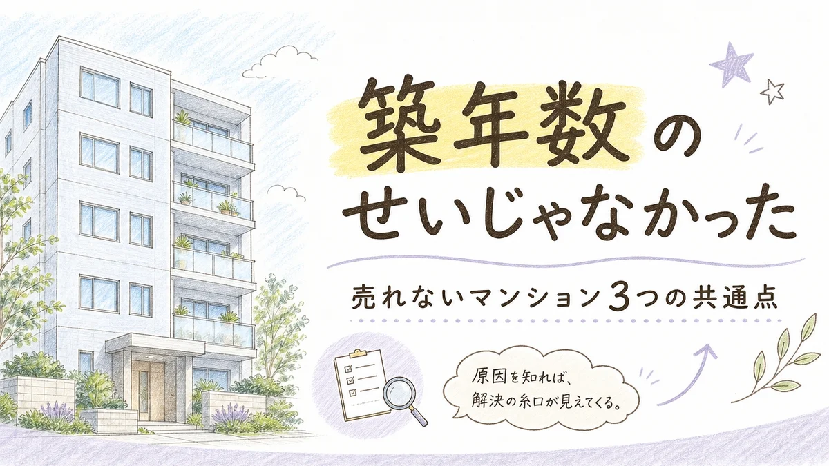 手描き色鉛筆タッチのイラスト。左に窓に鉢植えを飾った5階建て分譲マンションの外観、右上に黄色マーカーで縁取った「築年数のせいじゃなかった」の大見出しと「売れないマンション3つの共通点」の小見出し、右下にチェックリストと虫めがねのアイコン、吹き出しに「原因を知れば、解決の糸口が見えてくる。」の文字。