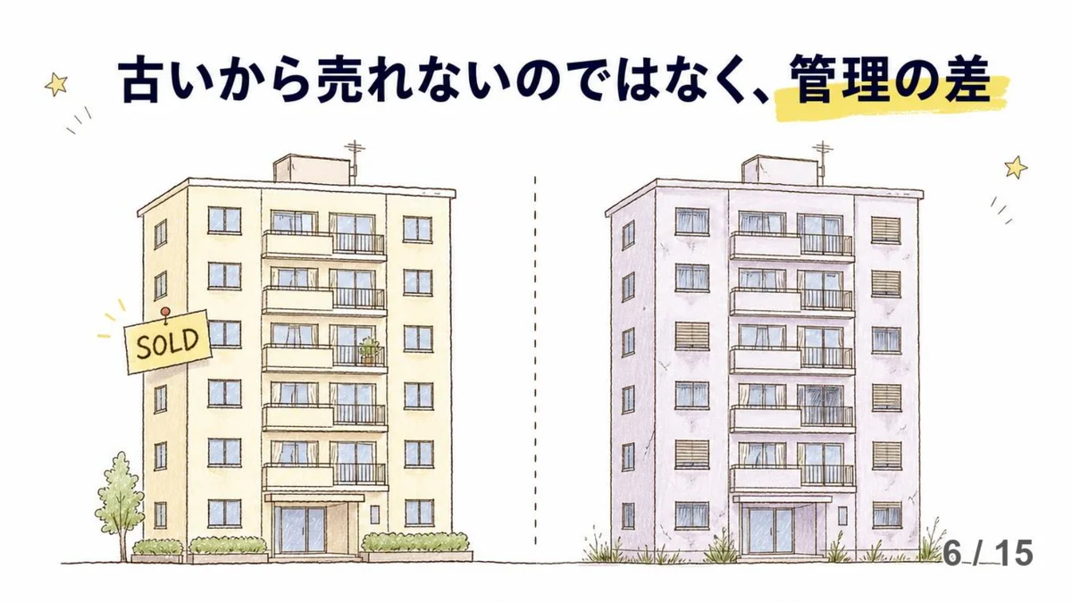 手描き風スライド画像。「古いから売れないのではなく、管理の差」の見出し。左に「SOLD」の札が付いたきれいな外観のマンション、右に外壁が傷んだマンションが並び、同じ築年数でも管理状態で見た目に差が出ることを示す比較イラスト。