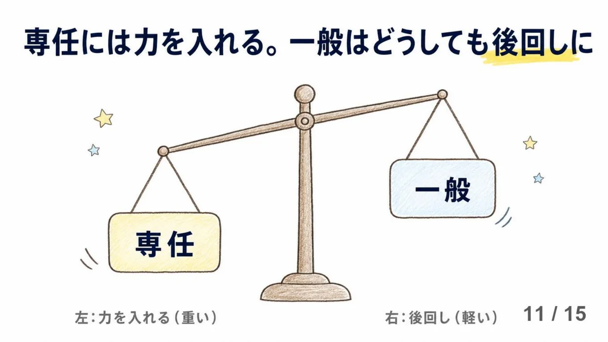 手描き風スライド画像。「専任には力を入れる。一般はどうしても後回しに」の見出し。天秤のイラストで、左の「専任」の皿が重く下がり、右の「一般」の皿が軽く上がっている様子を表現。