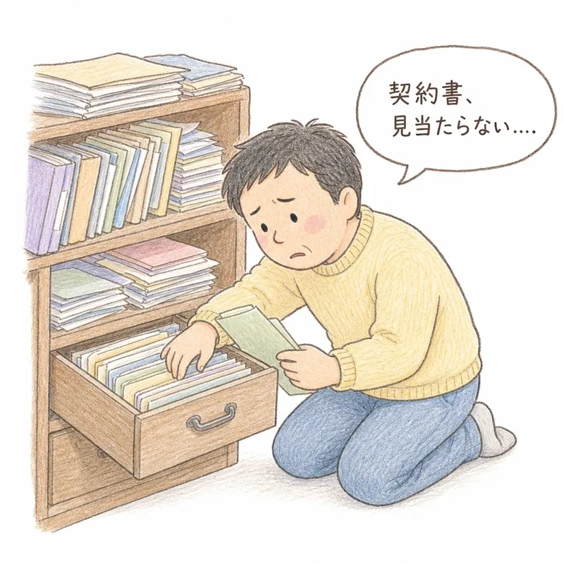 40代くらいの男性が、古い引き出しや棚から書類を探しながら、昔の売買契約書が見つからず困った表情をしている手描き色鉛筆タッチのイラスト。白背景に、吹き出しで「契約書、見当たらない…」という言葉が添えられている。