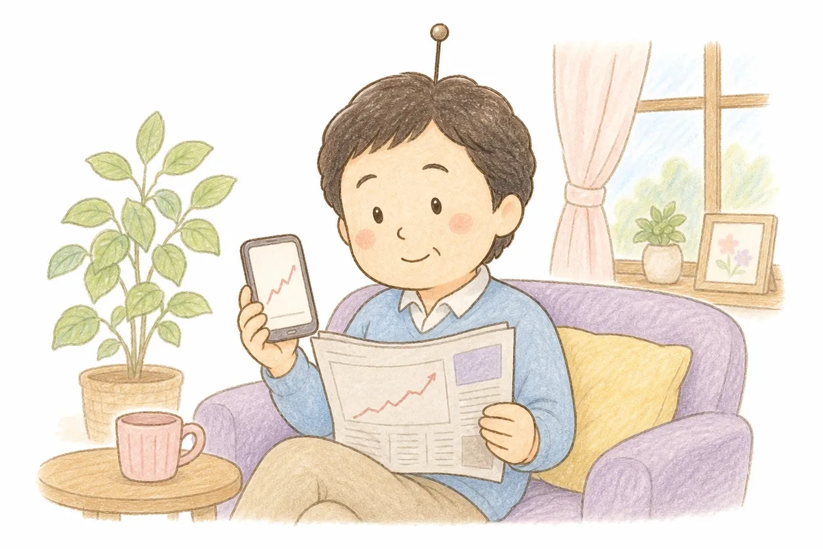 手描き風のイラスト。ソファに座った40代くらいの男性が、頭の上に小さなアンテナのアイコンを立てながら、スマートフォンと新聞を見比べている様子。スマホと新聞にはゆるやかに右肩上がりの折れ線グラフが小さく描かれている。背景は観葉植物のある落ち着いたリビング。