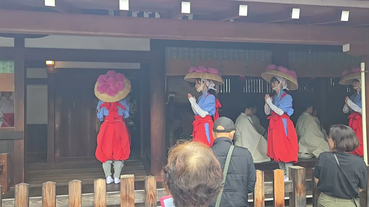 御田植祭の動画から切り出した一枚。本殿前で合掌しながら舞う早乙女たちと、白い装束の神職、柵の外から見学する参列者が写っている。2026年6月28日撮影。