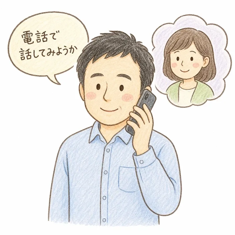 40代くらいの男性が、リビングでスマートフォンを片手に、兄弟(妹)と電話で穏やかに相続の相談をしている手描き色鉛筆タッチのイラスト。白背景に、吹き出しで「電話で話してみようか」という言葉が添えられている。
