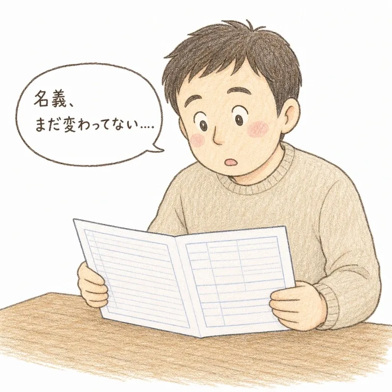 40代くらいの男性が、テーブルの上に広げた登記簿謄本のような罫線入りの書類を見つめ、名義がまだ亡くなった親のままになっていることに気づいて少し驚いた表情をしている手描き色鉛筆タッチのイラスト。白背景に、吹き出しで「名義、まだ変わってない…」という言葉が添えられている。