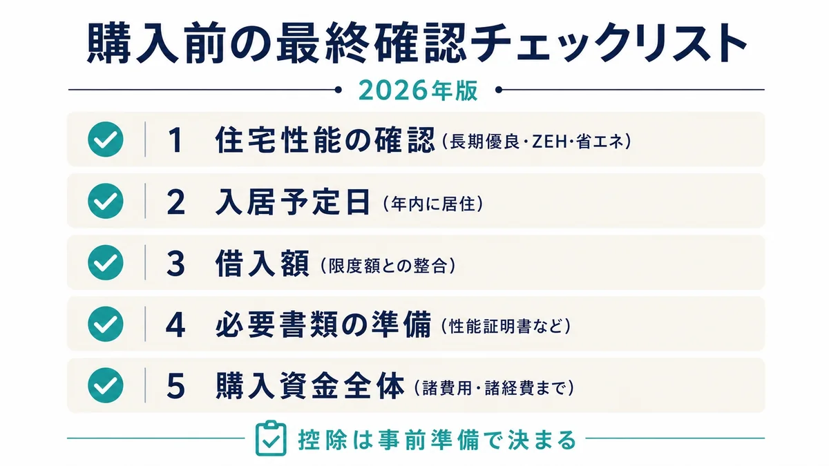 新築建売を購入する前の最終確認として、住宅性能、入居予定日、借入額、必要書類、諸費用まで含めた購入資金全体を五つのチェック項目で見直し、住宅ローン控除の準備を事前に整えるよう促すまとめ図解。