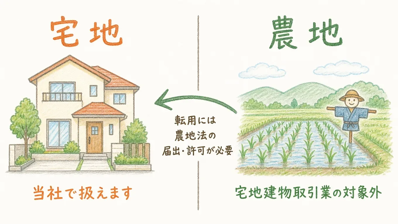 宅地と農地を左右で比べた図。左の「宅地」の家には「当社で扱えます」、右の「農地」の田んぼには「宅地建物取引業の対象外」と書かれ、農地から宅地へ向かう矢印に「転用には農地法の届出・許可が必要」と添えられている。
