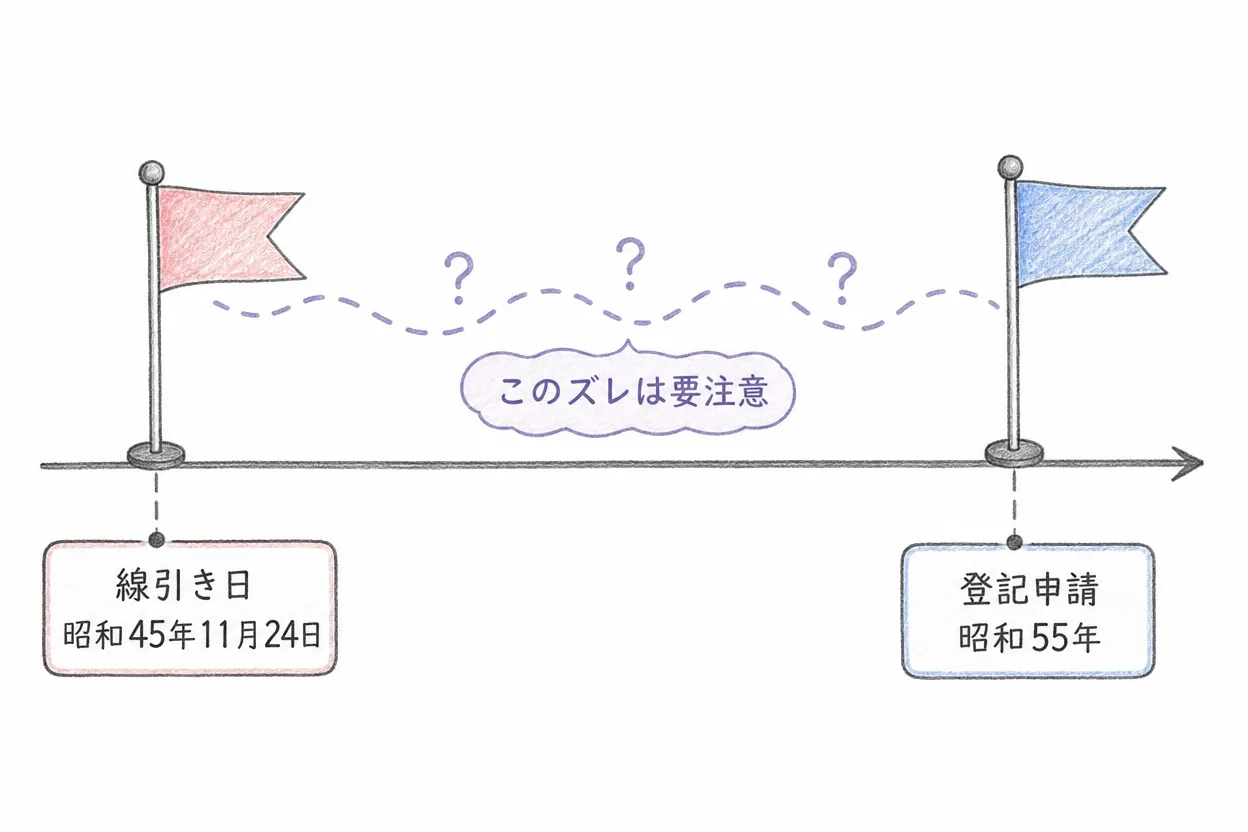 登記の原因日と申請日がズレている概念を示す色鉛筆タッチのタイムライン図。左に線引き日（昭和45年11月24日）、右に登記申請（昭和55年）の旗を立て、間をはてなマーク付きの点線でつなぎこのズレは要注意と示している。