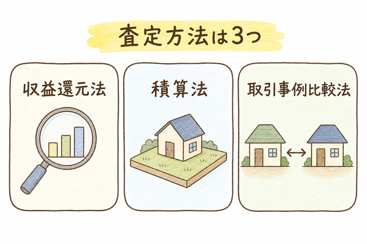 収益還元法・積算法・取引事例比較法という3つの査定方法を、虫めがねとグラフ、家と土地、2軒の家を比べるアイコンとともに横並びの角丸枠で整理した図解。