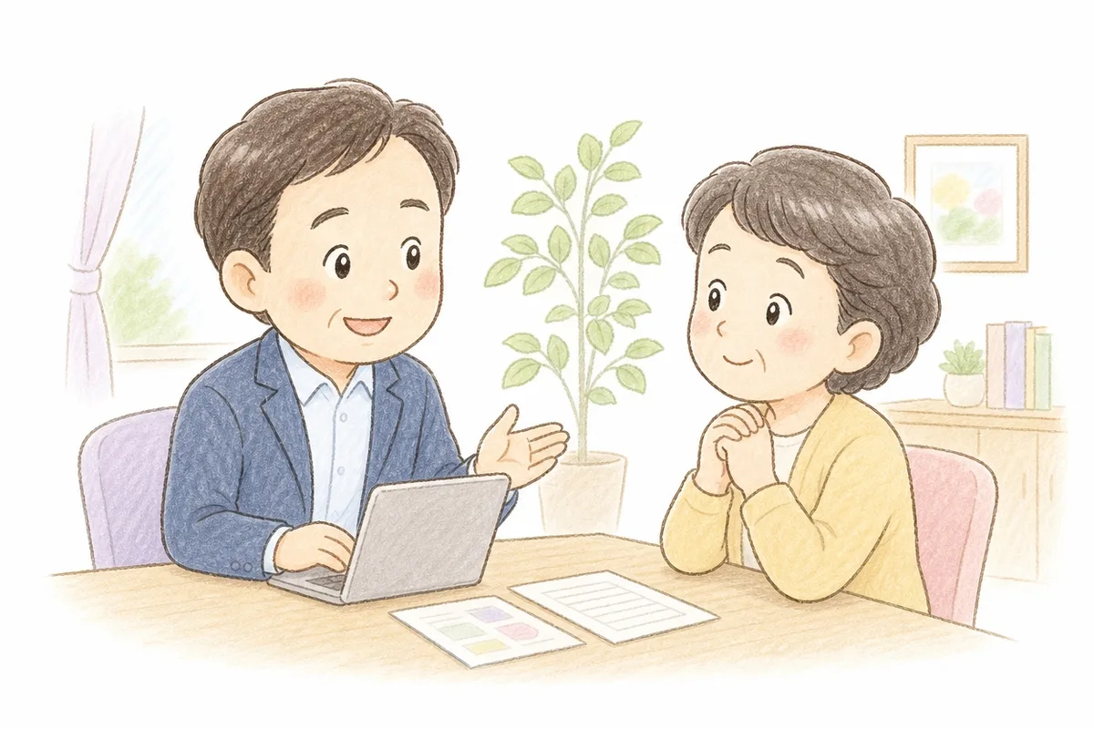 手描き風のイラスト。ジャケット姿の男性相談員がノートパソコンを操作しながら、机の向かいに座る女性にやさしく説明している様子。机には書類が置かれ、背景は観葉植物のある相談室のような部屋。相談員はにこやかな表情、女性は落ち着いた表情で話を聞いている。