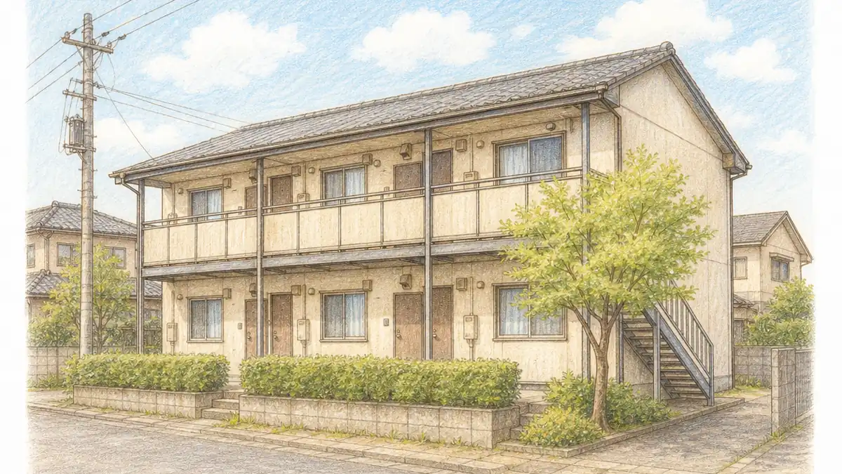 築30年ほどの鉄骨造2階建てワンルームアパートの外観。手描き色鉛筆タッチで、電柱や植栽のある郊外の住宅地に建つ様子をやわらかい配色で描いている。相続で引き継ぐ収益物件のイメージ。