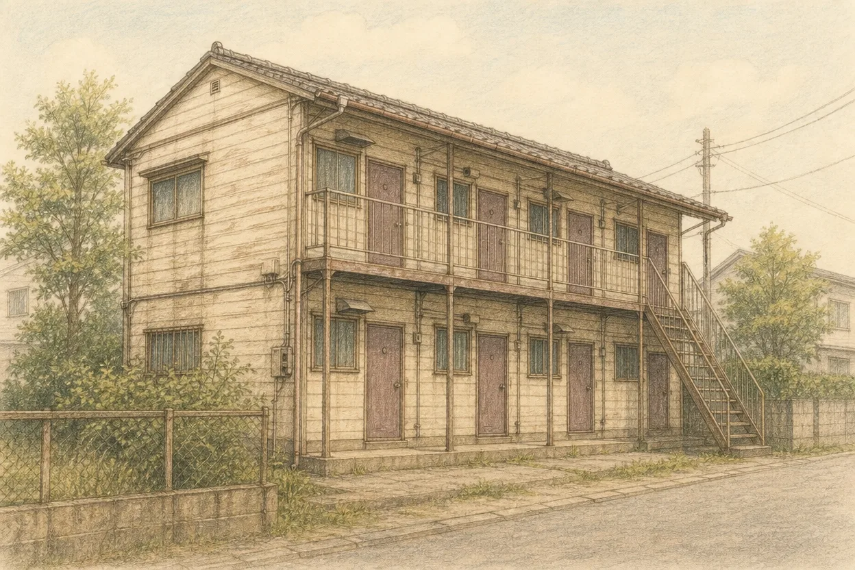郊外にある築古の木造2階建てアパート(6戸・1K)の外観イラスト。色褪せた外壁と古びた雰囲気を色鉛筆タッチで表現している。文字・看板・人物は入っていない。
