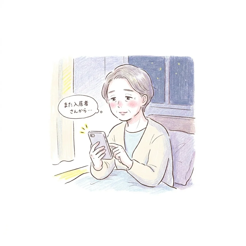 夜、スマートフォンの着信画面を見て少し疲れた表情をしている40〜50代の人物のイラスト。吹き出しで「また入居者さんから…」と話している。手描き色鉛筆タッチの淡いパステル配色・白背景。