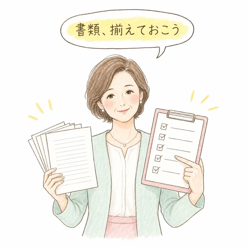 書類の束とチェックリストを両手に持ち、笑顔で指差し確認している40〜50代の穏やかな女性のイラスト。吹き出しで「書類、揃えておこう」と話している。手描き色鉛筆タッチの淡いパステル配色で、白背景にやわらかい黄色マーカー風の強調が添えられている。