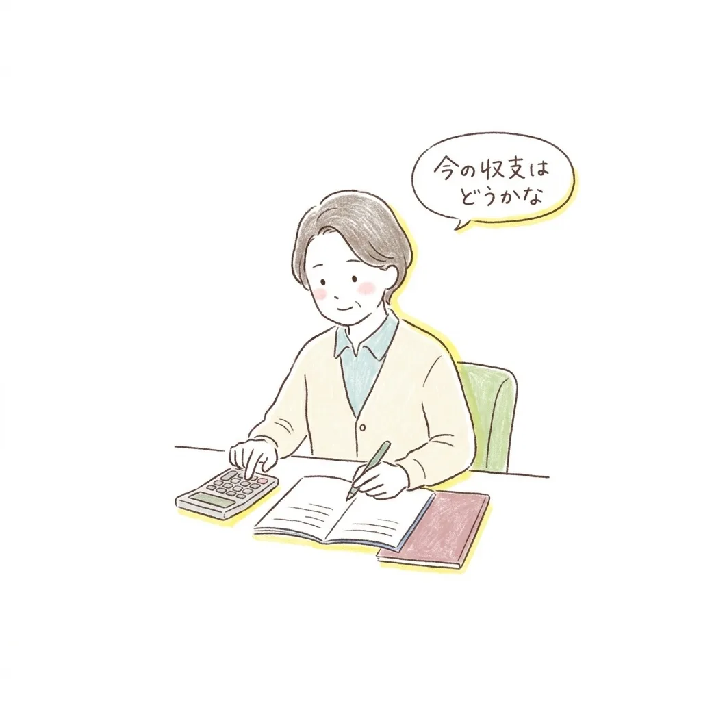 電卓とノートを前に真剣な表情で収支計算をしている40〜50代の穏やかな人物のイラスト。吹き出しで「今の収支はどうかな」と話している。手描き色鉛筆タッチの淡いパステル配色・白背景。