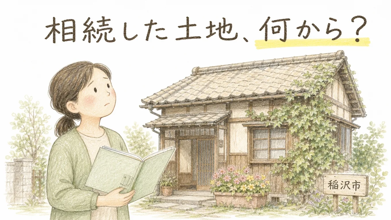 手描き色鉛筆タッチのイラスト。蔦が絡まる古い実家と土地の前で、40〜50代の女性が相続の書類を手に少し困った表情で立っている。傍らに「稲沢市」と書かれた立て札。上部の見出し文字「相続した土地、何から?」のうち「何から?」に黄色いマーカーが引かれている。
