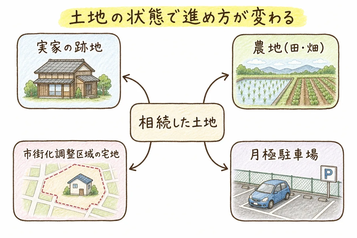 「土地の状態で進め方が変わる」という見出しの下、中央の「相続した土地」から4方向に矢印が伸び、実家の跡地・農地(田・畑)・市街化調整区域の宅地・月極駐車場という4つの状態を、木造家屋・田畑・住宅地図・駐車場のイラストとともに示す手描き風の分岐マップ図解。