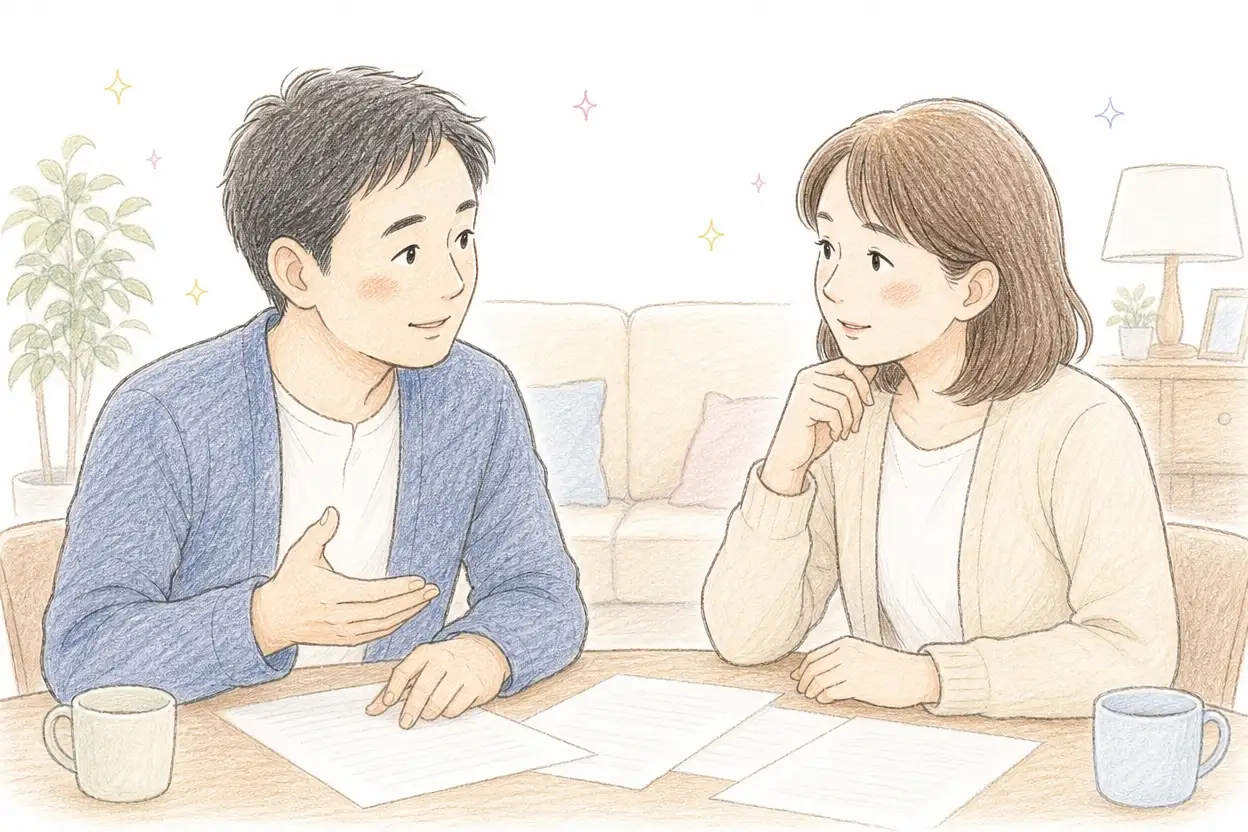 リビングのテーブルを挟んで、40代くらいの兄と妹らしき男女2人が、書類とマグカップを前に穏やかな表情で話し合っている手描き色鉛筆タッチのイラスト。深刻になりすぎず、落ち着いた雰囲気で相談している様子が描かれている。