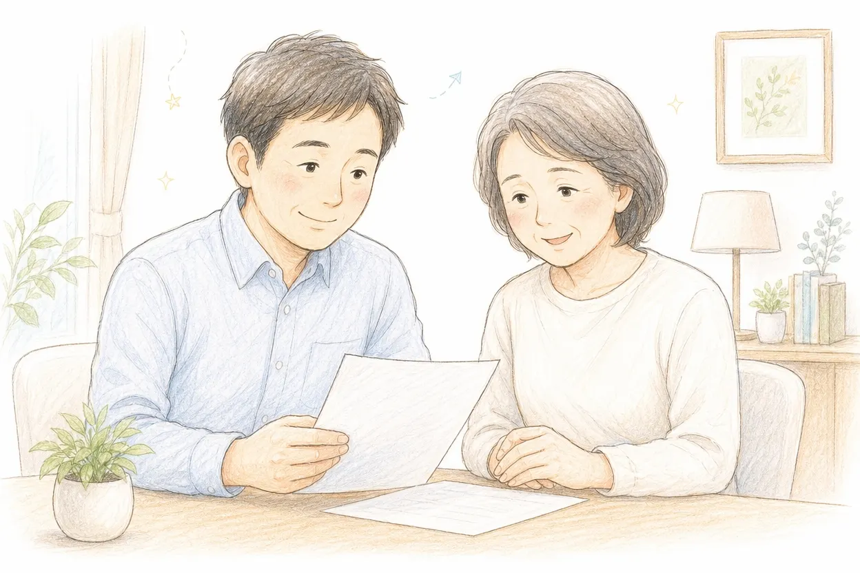 リビングのテーブルで、40代くらいの男性相談員が書類を手に持ちながら、白髪まじりの年配の女性に穏やかな表情で説明している手描き色鉛筆タッチのイラスト。観葉植物やランプのある落ち着いた室内で、信頼感のある相談の様子が描かれている。