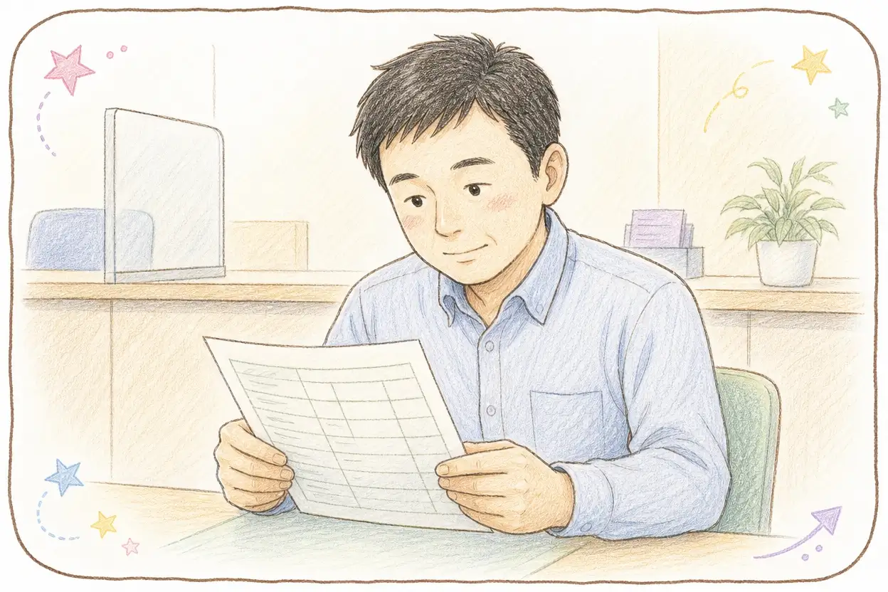 40代くらいの男性が、窓口カウンターのある落ち着いた雰囲気の事務室で、罫線入りの書類を両手に持ち、真剣ながらも穏やかな表情で内容を確認している手描き色鉛筆タッチのイラスト。背景には観葉植物とパーテーション、淡い水色や黄色の星の飾りが添えられている。