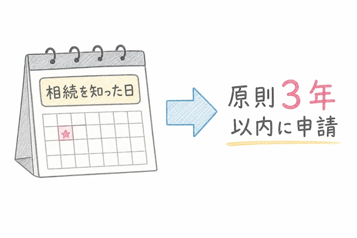 相続登記義務化の申請期限を示す色鉛筆タッチのカレンダー風イラスト。卓上カレンダーの一日に星マークを付けて「相続を知った日」とし、そこから矢印で「原則3年以内に申請」という文言へつなげて示している。期限を意識しやすいシンプルな構図。