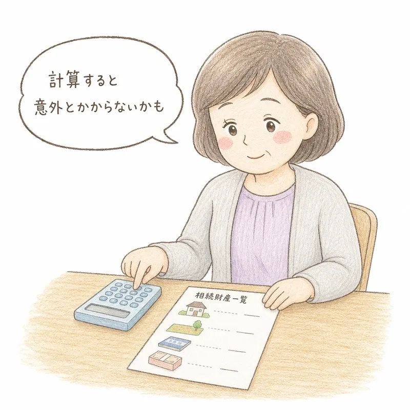 50代くらいの女性が、テーブルの上で電卓と相続財産のメモのような書類を前に、相続税の基礎控除を計算している落ち着いた表情の手描き色鉛筆タッチのイラスト。白背景に、吹き出しで「計算すると意外とかからないかも」という言葉が添えられている。