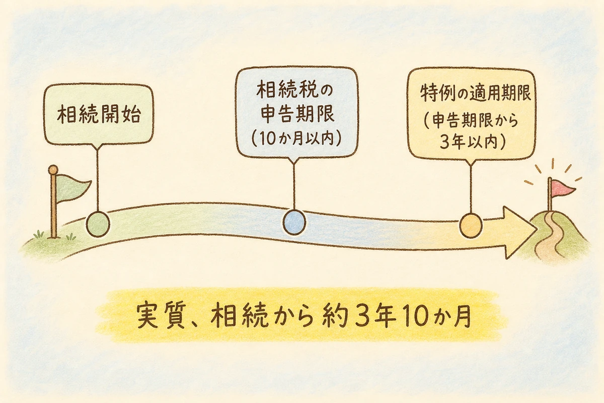 相続開始から相続税の申告期限（10か月以内）、特例の適用期限（申告期限から3年以内）までの流れを、左から右への矢印の帯で示したタイムライン図。