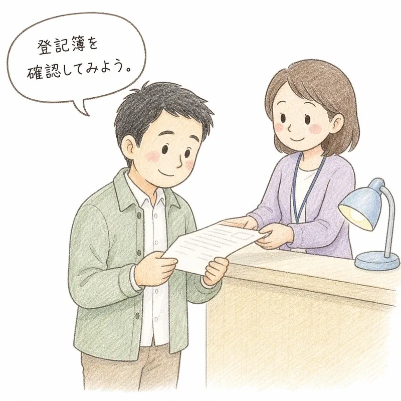 40代くらいの男性が、法務局の窓口カウンターで登記事項証明書を受け取り、内容を確認しながら少し前向きな表情をしている手描き色鉛筆タッチのイラスト。白背景に、吹き出しで「登記簿を確認してみよう」という言葉が添えられている。