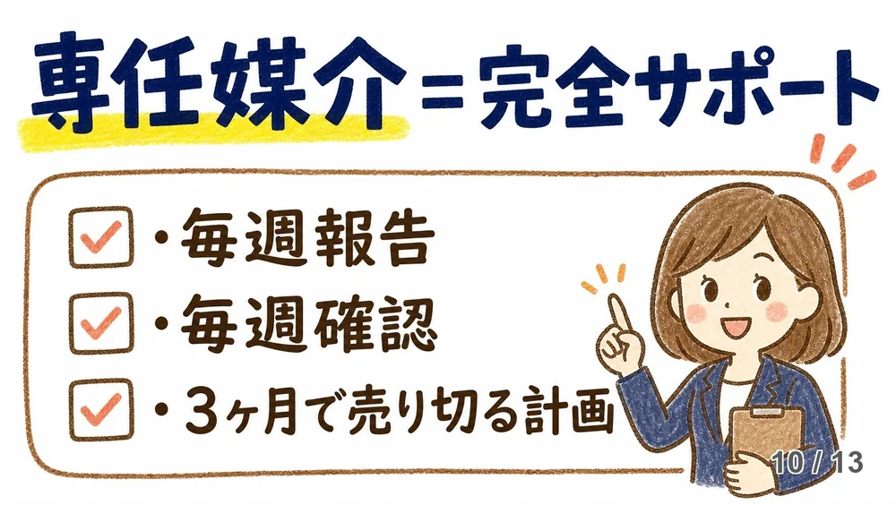 稲沢あんしん不動産の専任媒介での対応内容を示す図解。毎週報告・毎週確認しながら3ヶ月で売り切る前提の完全サポート体制を示している。