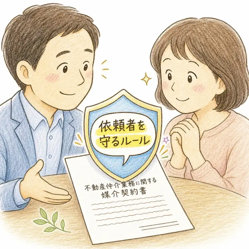 不動産営業担当者と依頼者が媒介契約書を挟んで向き合い、契約書の上に盾のアイコンと「依頼者を守るルール」というラベルが描かれた図解イラスト。国土交通省の標準媒介契約約款による消費者保護の仕組みを表している。