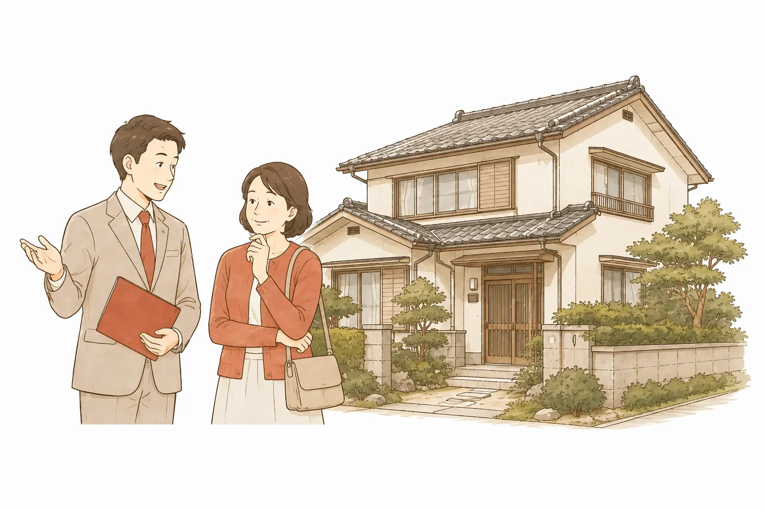 実家の前で、女性の相談者と担当者が話をするイラスト。