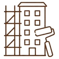 大規模修繕と長期修繕計画をあらわす線画アイコン。足場を組んだマンションにペイントローラーが立てかけてある。工事の進め方や見積もりの見方を管理組合の現場から知ってもらうための、マンションのことのテーマ目印。