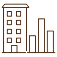 棟ごとの売却相場をあらわす線画アイコン。マンションのとなりに高さの違う三本の棒グラフが並んでいる。自分の住んでいる棟が、いま実際にいくらくらいで動いているのかを確かめてもらうための、マンションのことのテーマ目印。