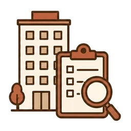 マンション管理コンサルティングを表すアイコン。中層のマンションと、その手前にクリップボードと虫めがねを並べて描いている。管理組合の運営・修繕計画・トラブルの対応を、費用をいただいてお受けするサービスであることを示している。