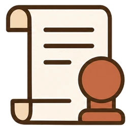 登記費用を表す線画アイコン。巻物のような書類と丸い印章を並べて描いてある。売却のときに不動産の名義を変更したり、住宅ローンの抵当権を抹消したりする手続きにかかる費用で、当社ではなく司法書士へお支払いいただくものであることを示している。目安は約5万円から。