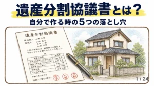 「遺産分割協議書とは？自分で作る時の5つの落とし穴」という黄色いマーカー付きのタイトルの下に、相続人の氏名と実印が並んだ遺産分割協議書の書面と万年筆、その右に木々に囲まれた一戸建ての家が描かれた、手描き色鉛筆タッチのアイキャッチ画像。