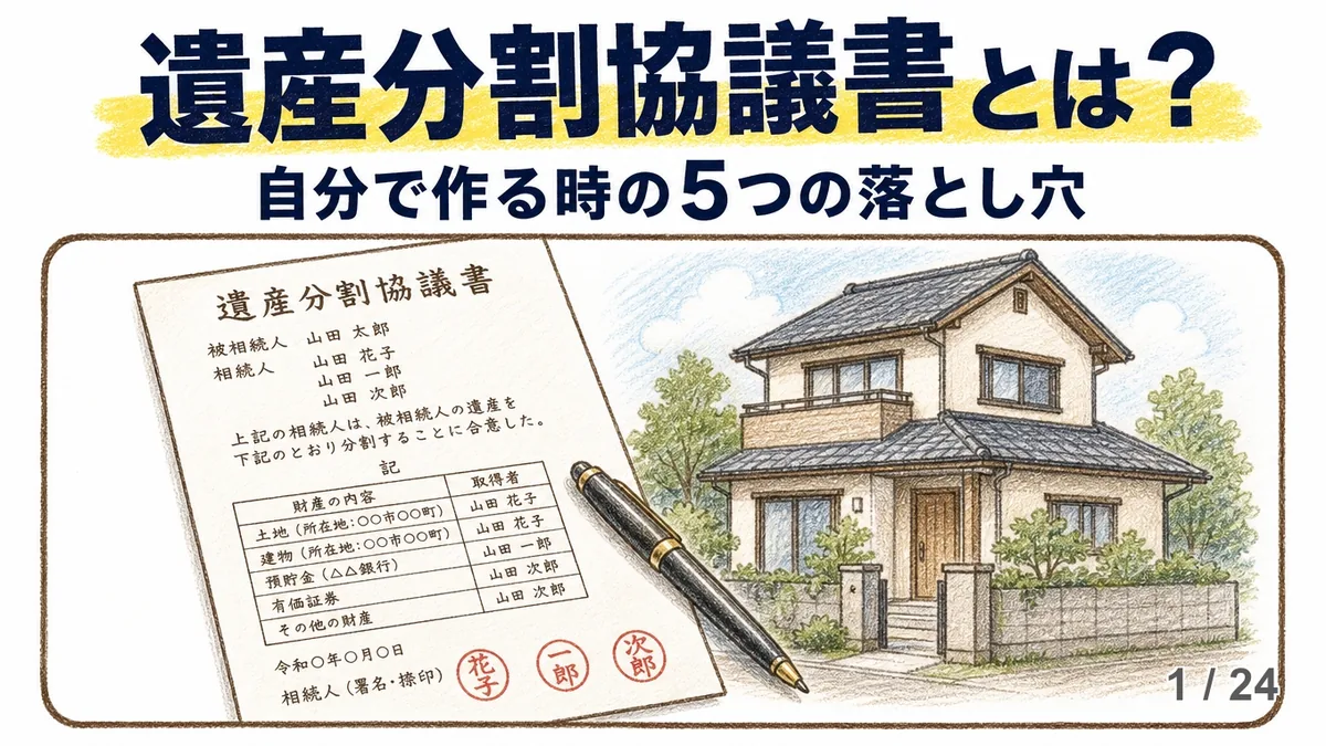 「遺産分割協議書とは？自分で作る時の5つの落とし穴」という黄色いマーカー付きのタイトルの下に、相続人の氏名と実印が並んだ遺産分割協議書の書面と万年筆、その右に木々に囲まれた一戸建ての家が描かれた、手描き色鉛筆タッチのアイキャッチ画像。