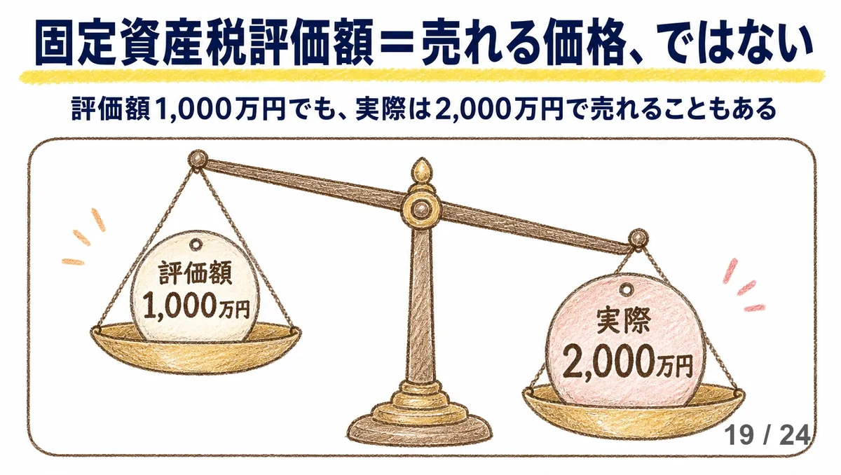 「固定資産税評価額＝売れる価格、ではない」の見出しの下に「評価額1,000万円でも、実際は2,000万円で売れることもある」という一文。その下に、評価額1,000万円の皿が上がり実際2,000万円の皿が下がった天秤が描かれた手描き図解。