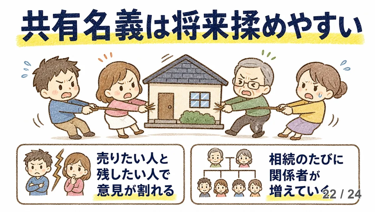 「共有名義は将来揉めやすい」の見出しの下、一軒の家を挟んで複数の親族が引っ張り合うように言い争う手描きイラスト。下部に、売りたい人と残したい人で意見が割れること、相続のたびに関係者が増えていくことの2つが並んだ図解。