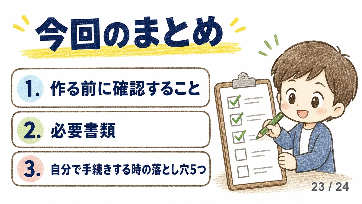 「今回のまとめ」の見出しの下に、1.作る前に確認すること、2.必要書類、3.自分で手続きする時の落とし穴5つ、の3項目が番号付きで並び、右にチェックリストにペンで印を付けていく男性が描かれた手描き図解。