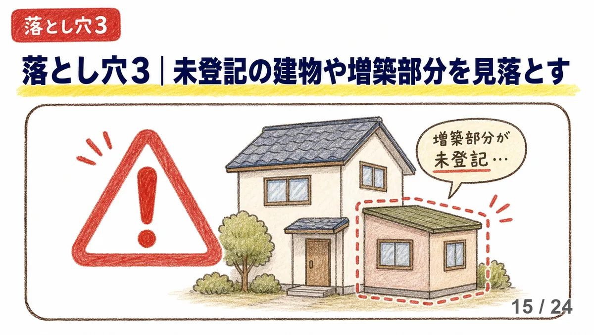 「落とし穴3」の赤いラベル付きで「未登記の建物や増築部分を見落とす」の見出し。下に赤い三角の警告マークと、母屋の右側に赤い点線で囲まれた増築部分があり「増築部分が未登記…」という吹き出しが付いた家のイラスト。