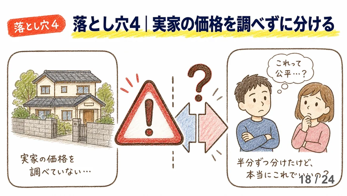 「落とし穴4」の赤いラベル付きで「実家の価格を調べずに分ける」の見出し。左に「実家の価格を調べていない…」と書かれた家、中央に赤い三角の警告マーク、右に「これって公平…？」と首をかしげる兄弟2人が描かれた手描き図解。