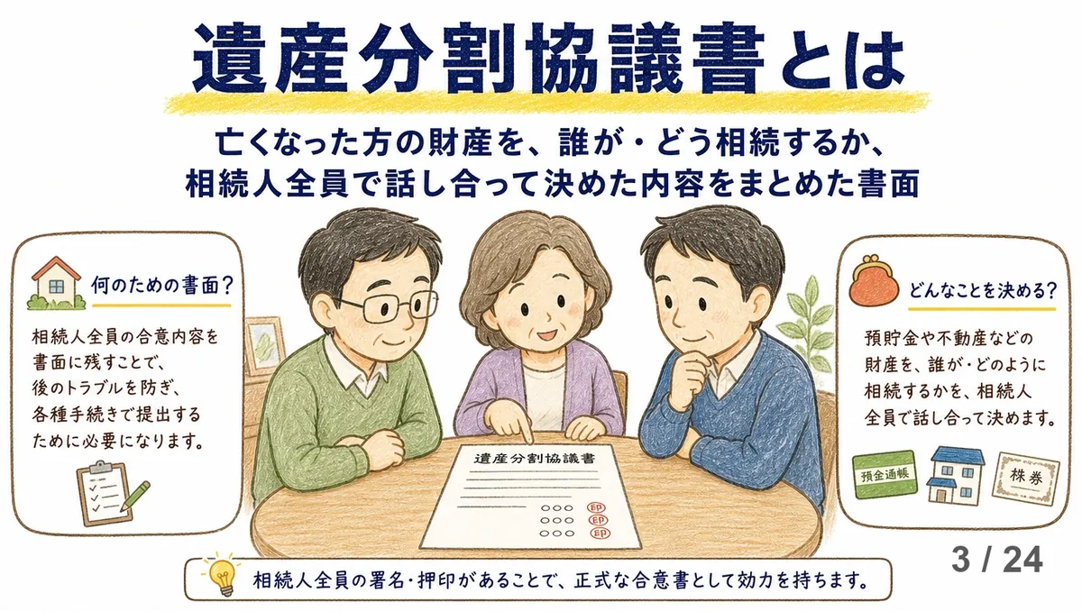 「遺産分割協議書とは」の見出しの下で、テーブルを囲んだ家族3人が書類を前に穏やかに話し合っている手描きイラスト。左に何のための書面か、右にどんなことを決めるかの吹き出し説明が添えられ、下部に相続人全員の署名と押印で効力を持つと書かれた図解。
