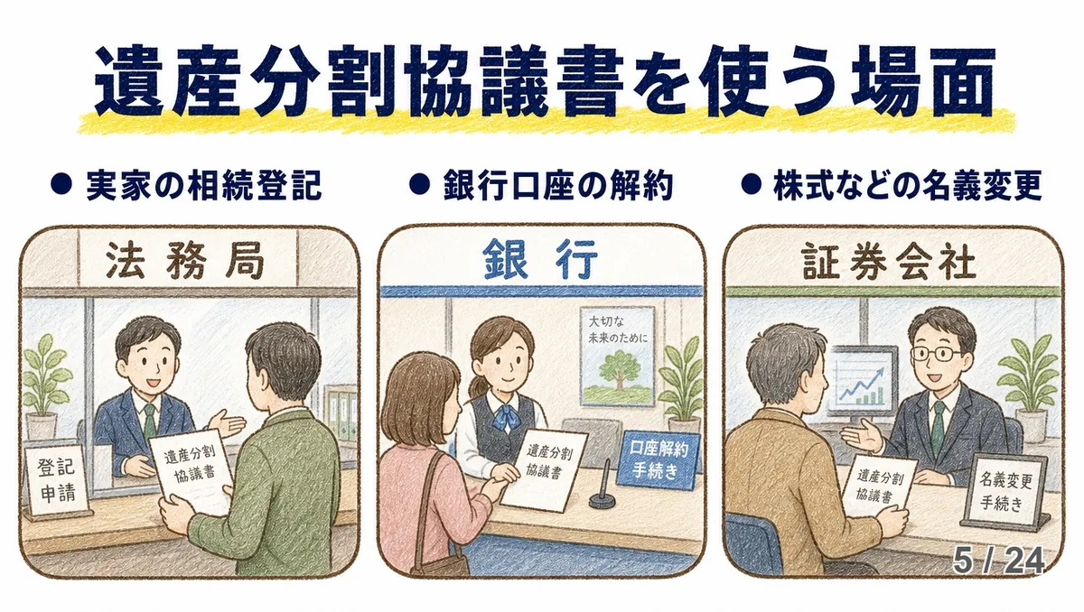 「遺産分割協議書を使う場面」の見出しの下に、法務局・銀行・証券会社の3つの窓口イラストが横に並び、それぞれ実家の相続登記、銀行口座の解約、株式などの名義変更に使うことを示した、手描き色鉛筆タッチの図解。