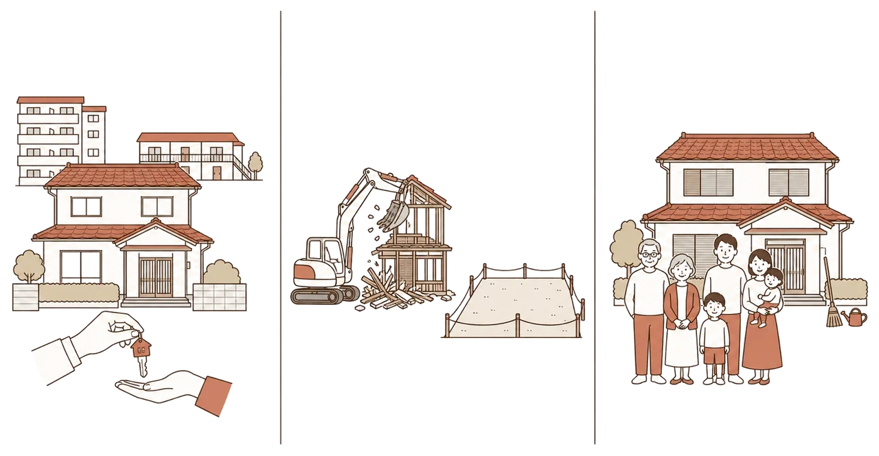実家の空き家をどうするかの3つの選択肢を、同じ大きさの3列で比べた手描きの図解。左は売る＝戸建ての前で鍵を手渡す場面、中央は壊す＝重機が古家を解体して更地になった土地、右は残す＝ご家族が家の前に立ち、ほうきとじょうろで手入れを続ける様子。
