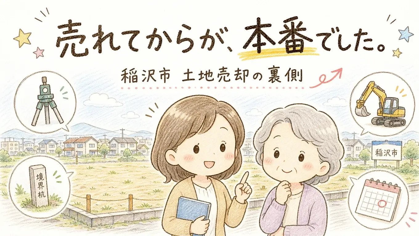 稲沢市の土地売却で、お引渡しのあとも翌年の確定申告までおつきあいした事例のイラスト。売り出しから4日で購入の申込みが入った土地と、書類を前に担当者から説明を受けて安心した表情の売主さまの様子を描いています。