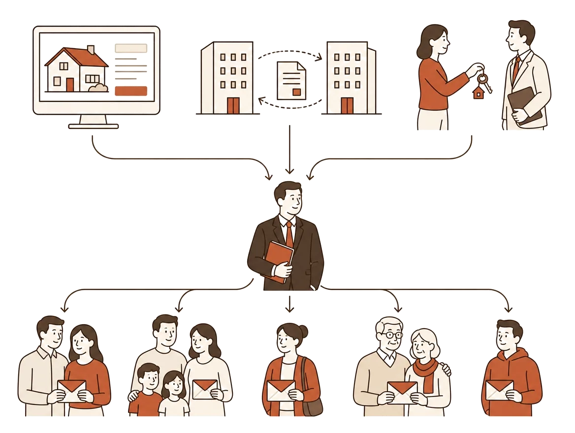 当社が物件情報を確認する経路の図。左からポータルサイト・不動産会社どうしの情報共有・売主からの直接相談の3つの流れが中央の担当者に集まり、そこから希望条件を登録した5組のご家族へメールで案内が届く様子を濃い茶色の線画で描いている。