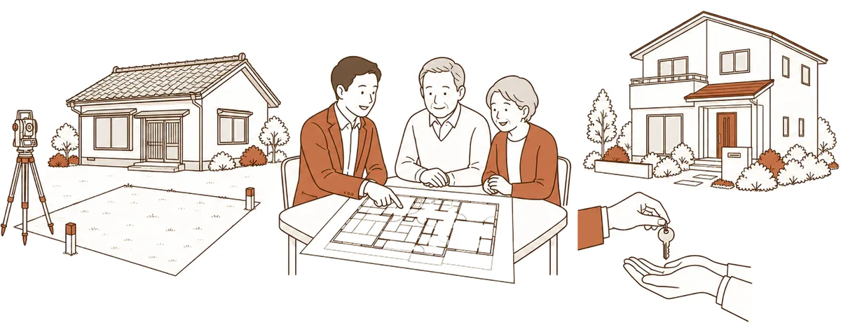 稲沢市の土地・戸建て売却の流れを1枚にしたイラスト。左は境界杭と測量機器が置かれた更地と古い平屋、中央は代表の佐藤が売主のご夫婦と一緒に間取り図を広げて説明している場面、右は鍵をお渡しして引渡しが終わった新しい戸建て。売り出す前の確認から引渡しまで、同じ担当者が最後まで対応することを表しています。
