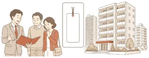稲沢あんしん不動産の代表が、売主のご夫婦にマンションの管理資料を開いて見せながら説明している線画。右側には階数も形も違う分譲マンションが三棟並び、中央には金額がまだ入っていない空白の値札が下がっている。同じ稲沢市内でも棟ごとに相場が違い、誰に頼むかで売却の結果が変わることを表した図。